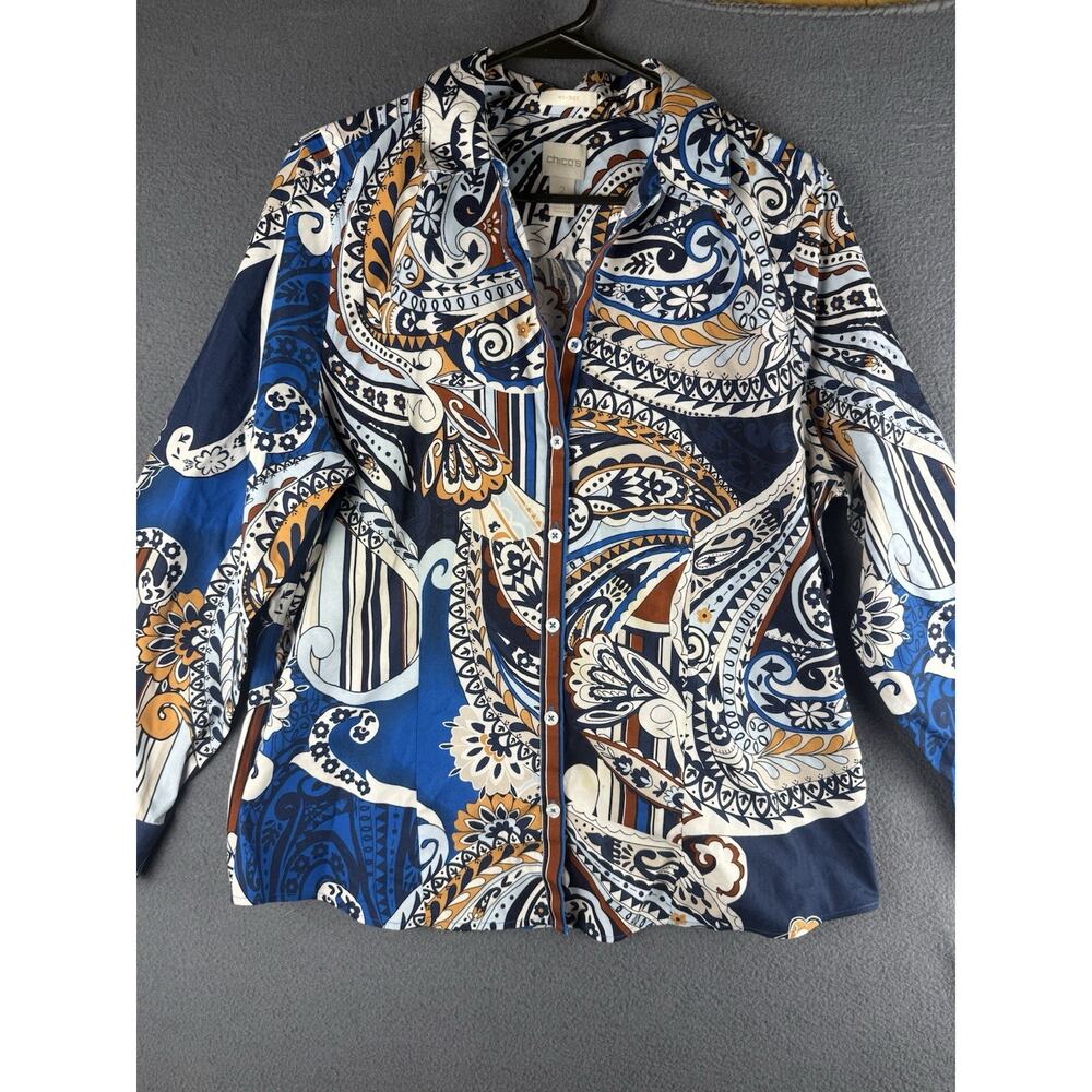 Chico's Blue Paisley Print No-Iron Long Sleeve Button-Up Shirt Sz 2 US Large